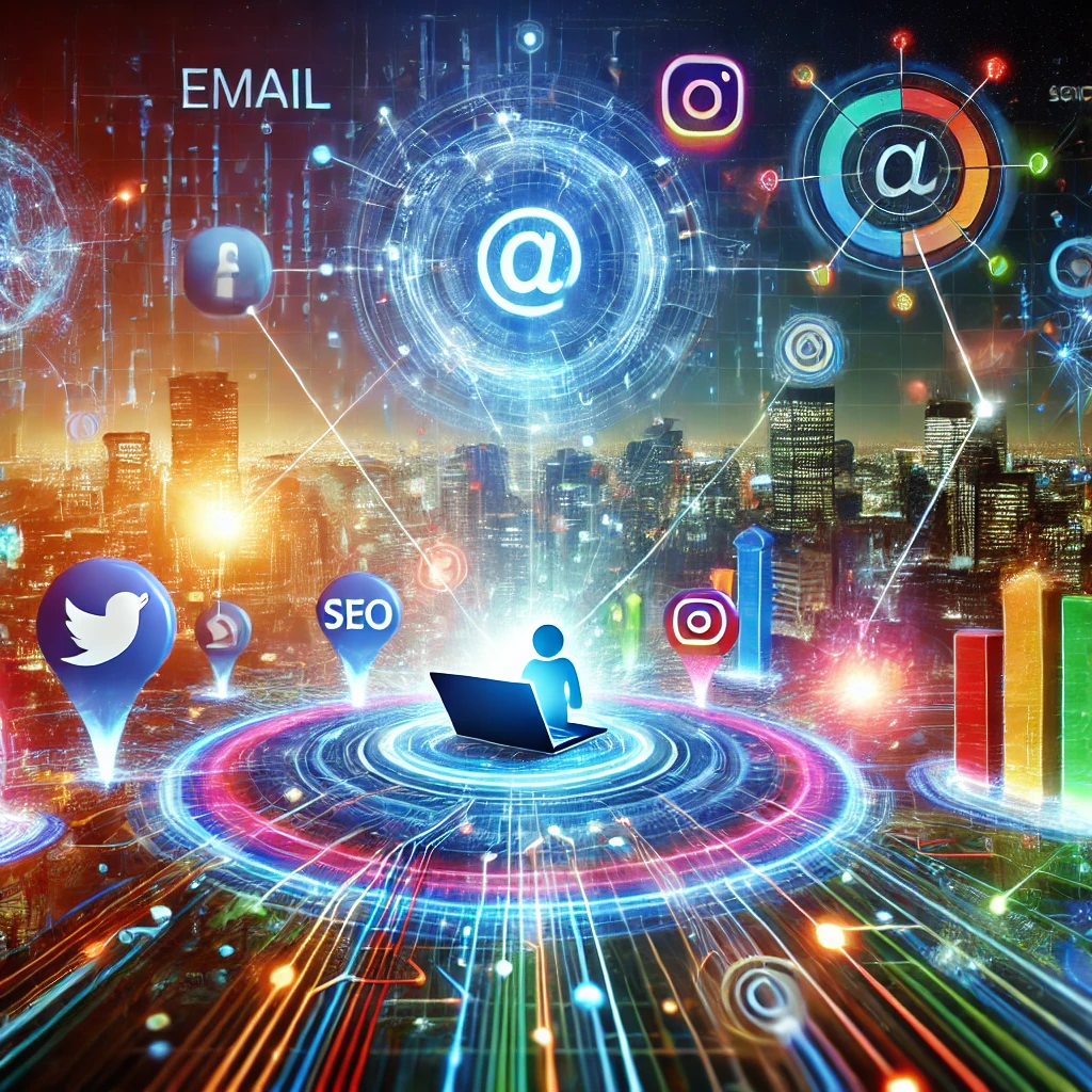 A dynamic visual representation of the concept of 'The Power of Digital Marketing'. The image features a futuristic city skyline with holographic ads